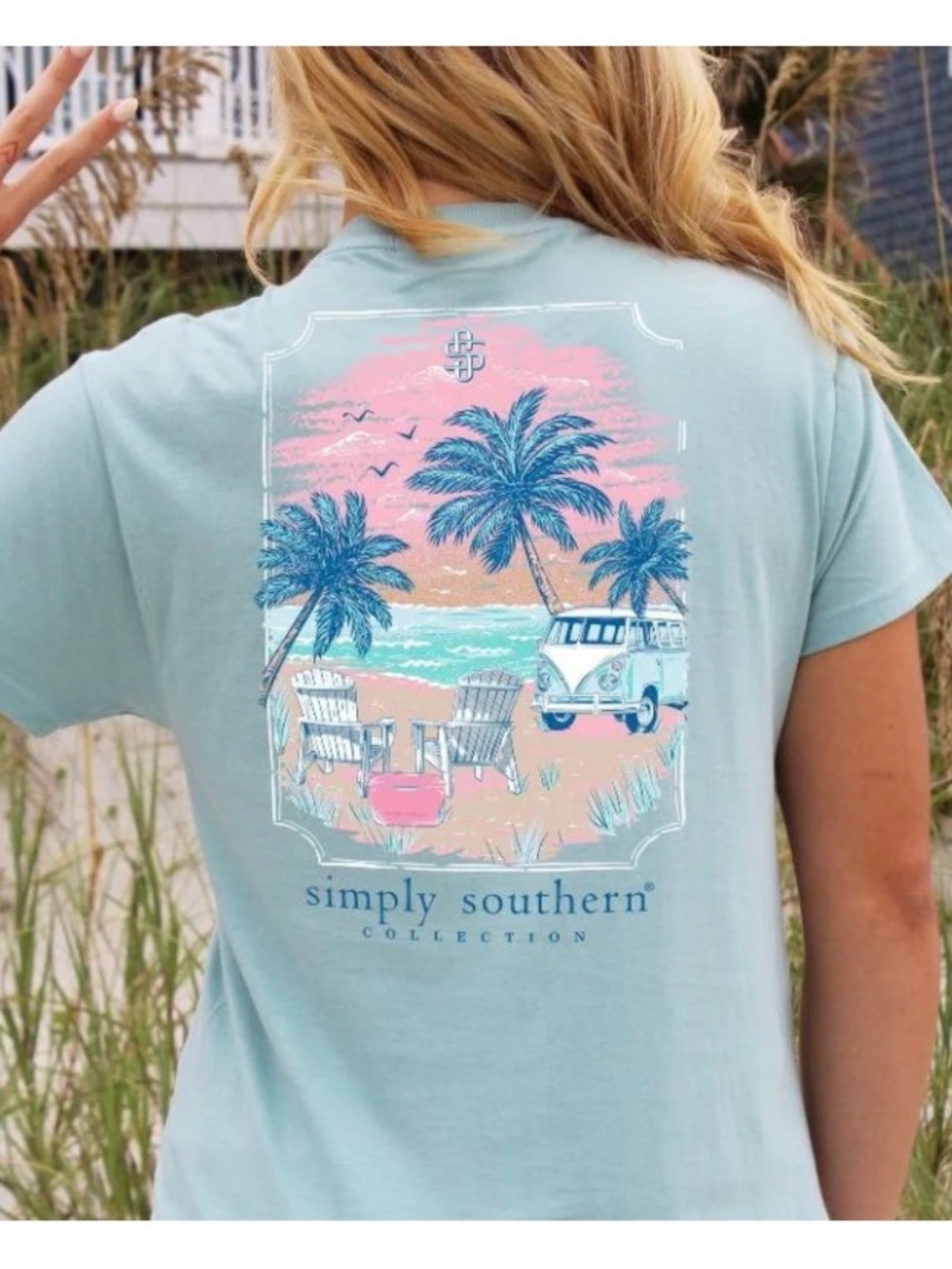 NWT SIMPLY SOUTHERN SHORT SLEEVE TEE ICE BLUE BUS PALM TREE BEACH WATER XL